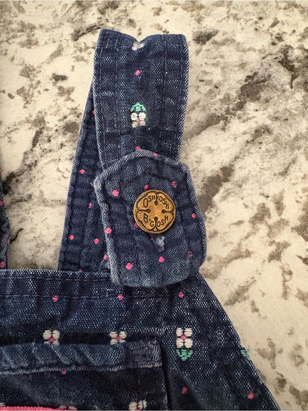 OshKosh B'gosh Navy Denim Suspenders with Pink Dot and Floral Embroidery